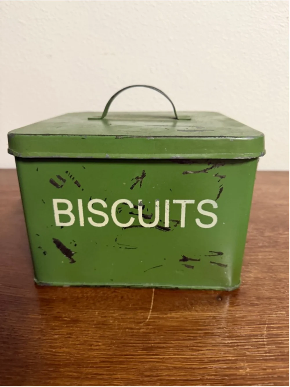 Rustic Metal “Biscuits” Tin Canister Green Farmhouse Kitchen Storage Box w/ Lid